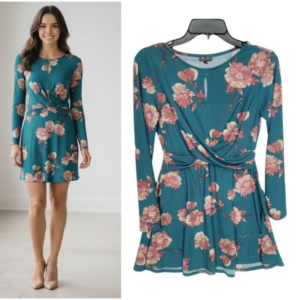❤️Women's mini Dress Size S Lily Rose Green Floral pullover stretch long sleeve